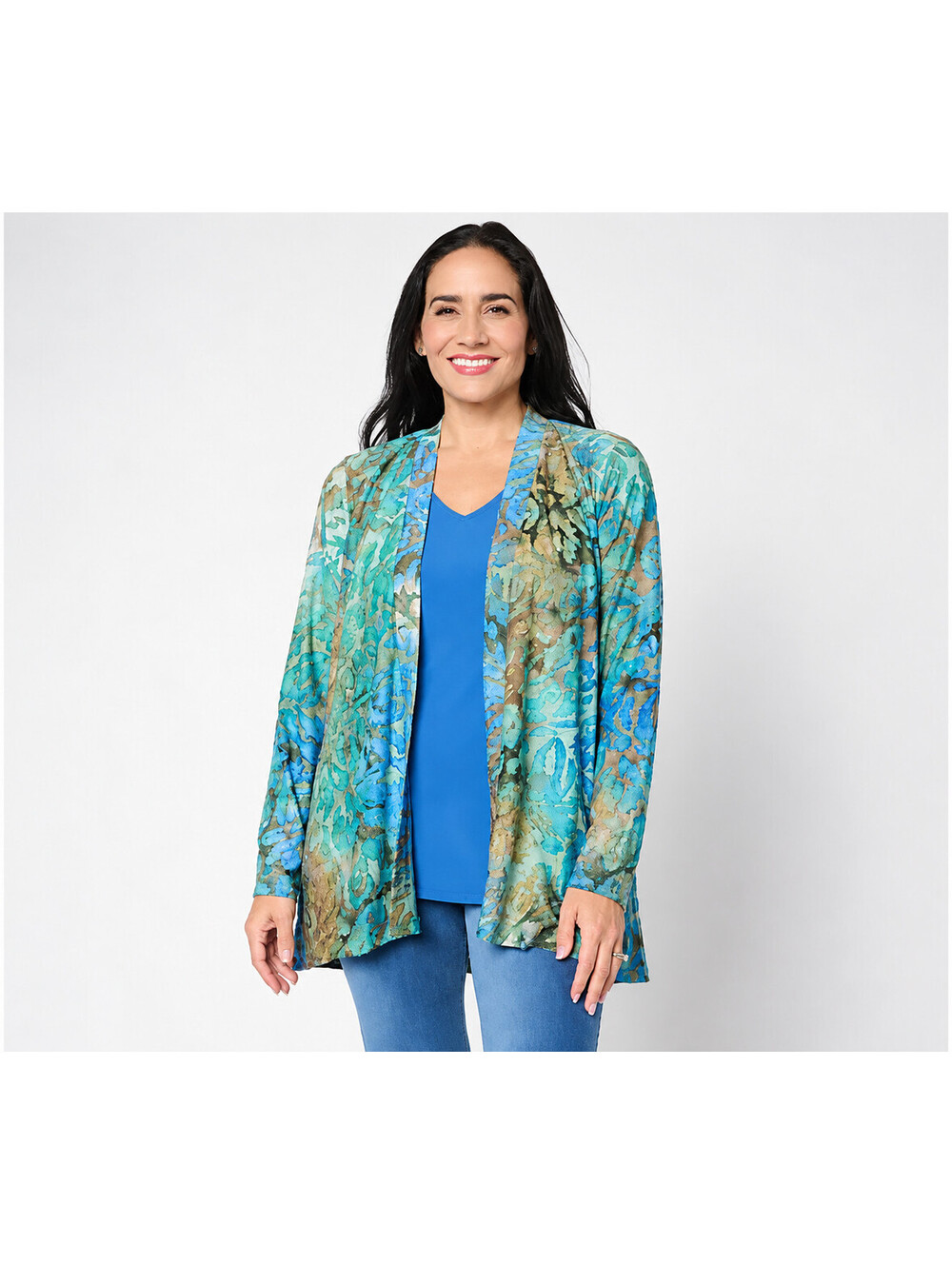"As Is" Susan Graver Reg Novelty Knit Cardigan with Tank Set Ocean/Pine: Large